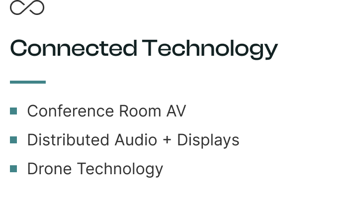 Connected Technology: Conference Room AV, Distributed Audio + Displays, Drone Technology